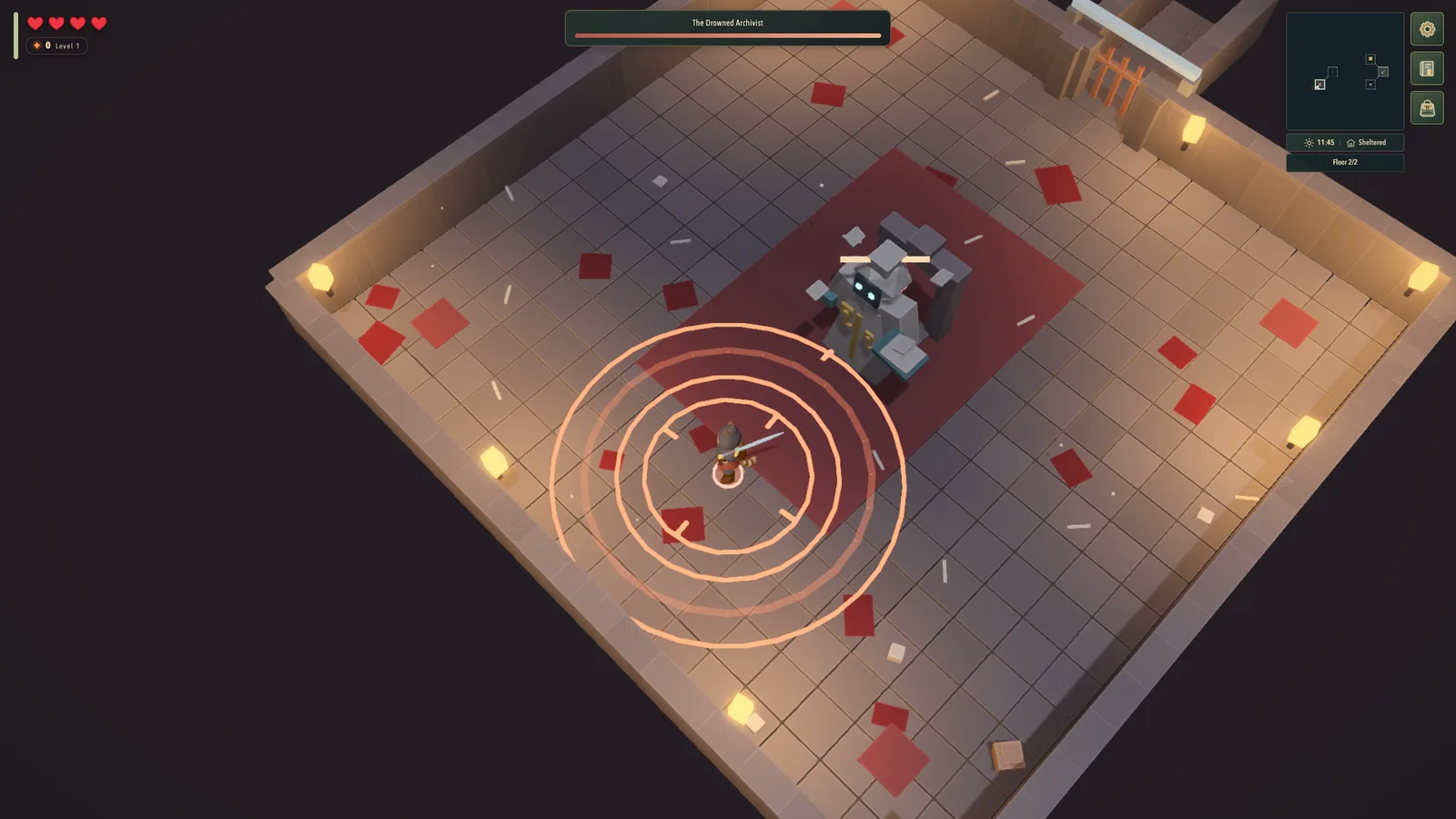 A dungeon guardian winding up a blow, its outline filling on the floor