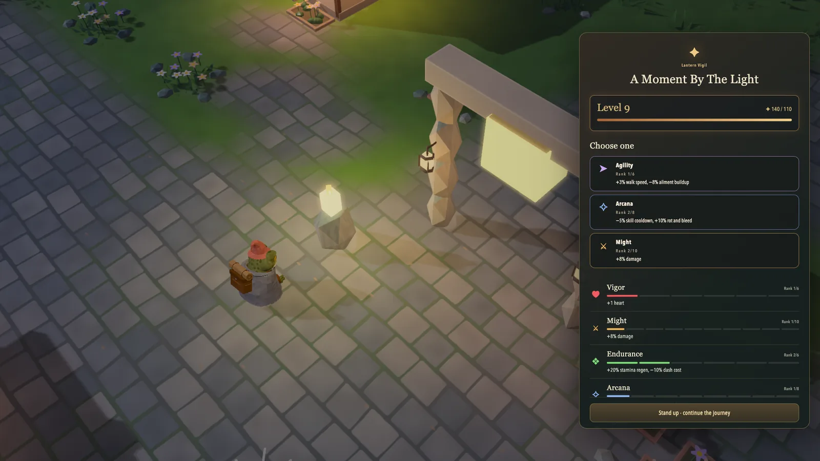 The hero sitting by a lantern at night, the vigil open