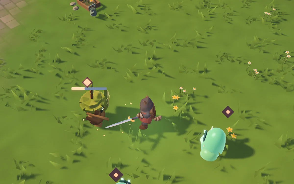 The cat knight mid-swing against a group of foes