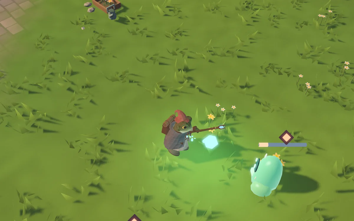 The frog Rainkeeper casting rain magic at a distance