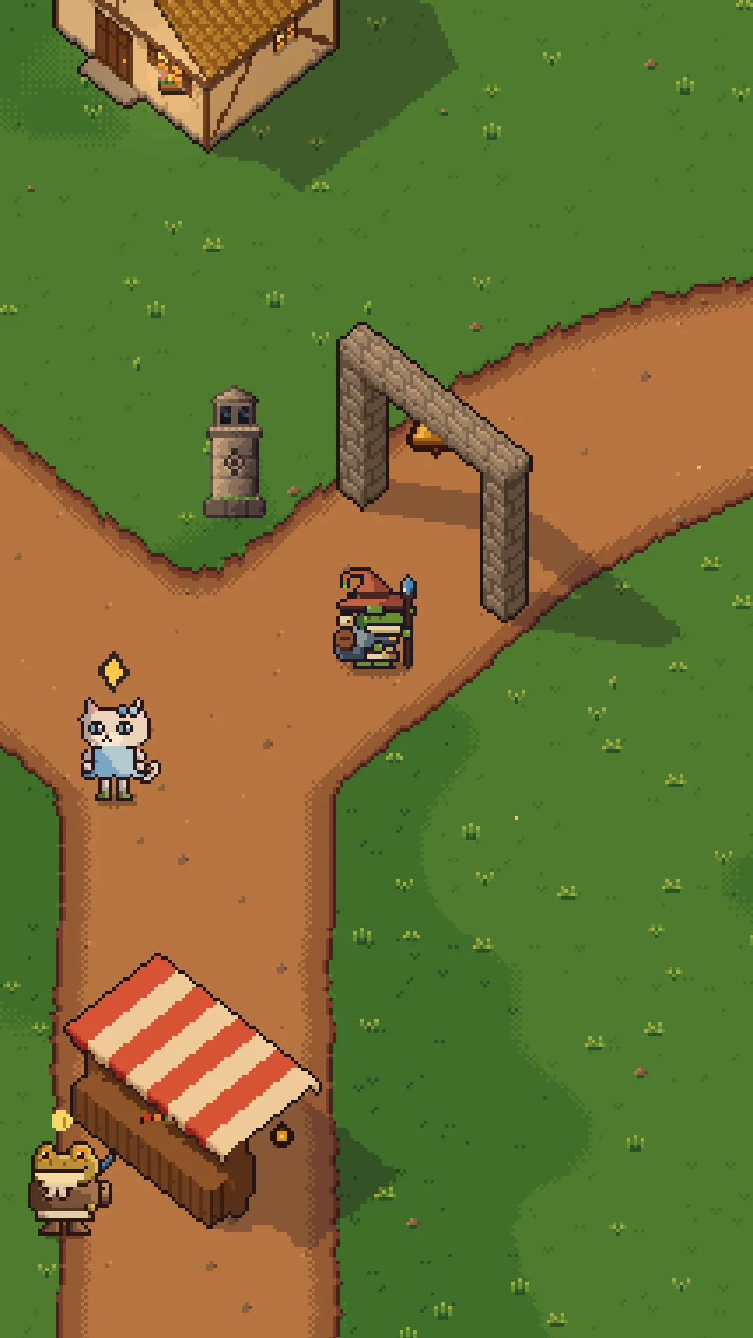 The same village on a phone, drawn in pixel art