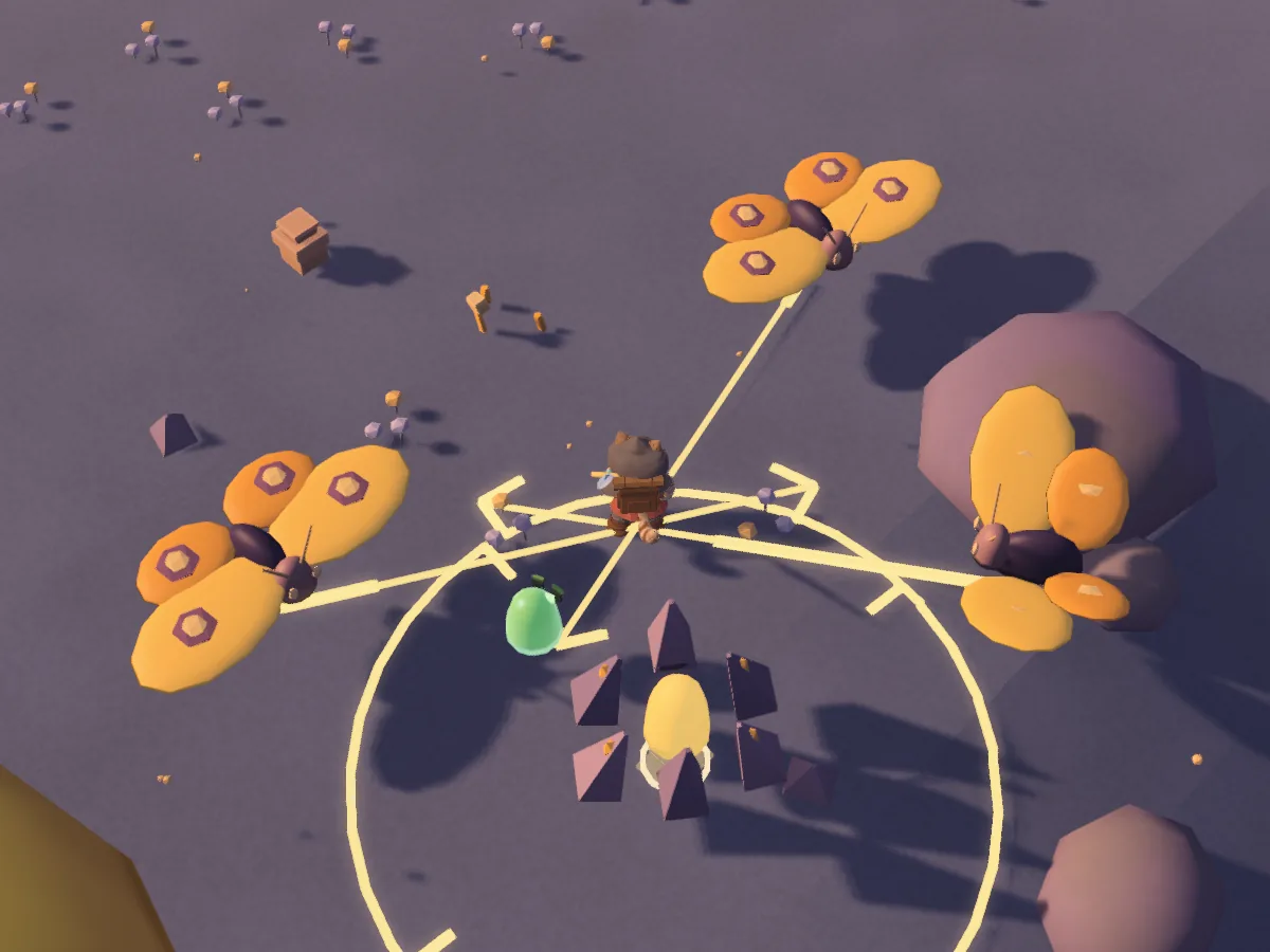 A fight against a pack of foes with their attack warnings on the ground, in 3D