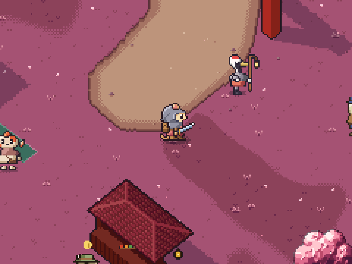 Sunmere's pink streets and residents, in pixel art