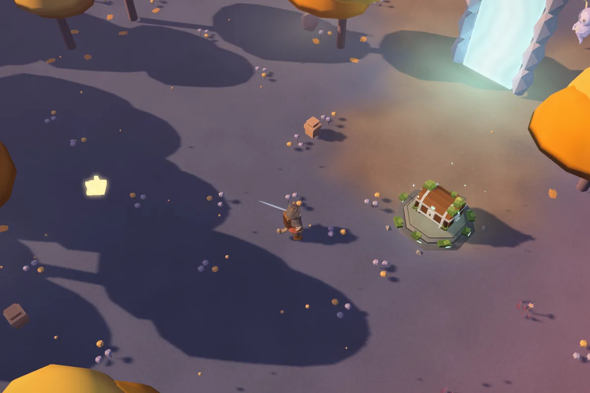 Orange trees and a glowing portal in Amber Afterlight