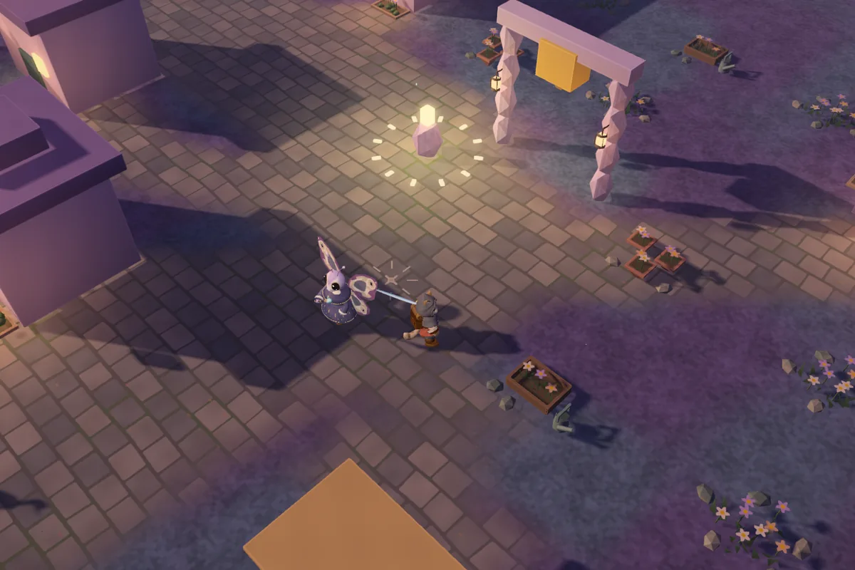A lavender town square at dusk in Asterfall