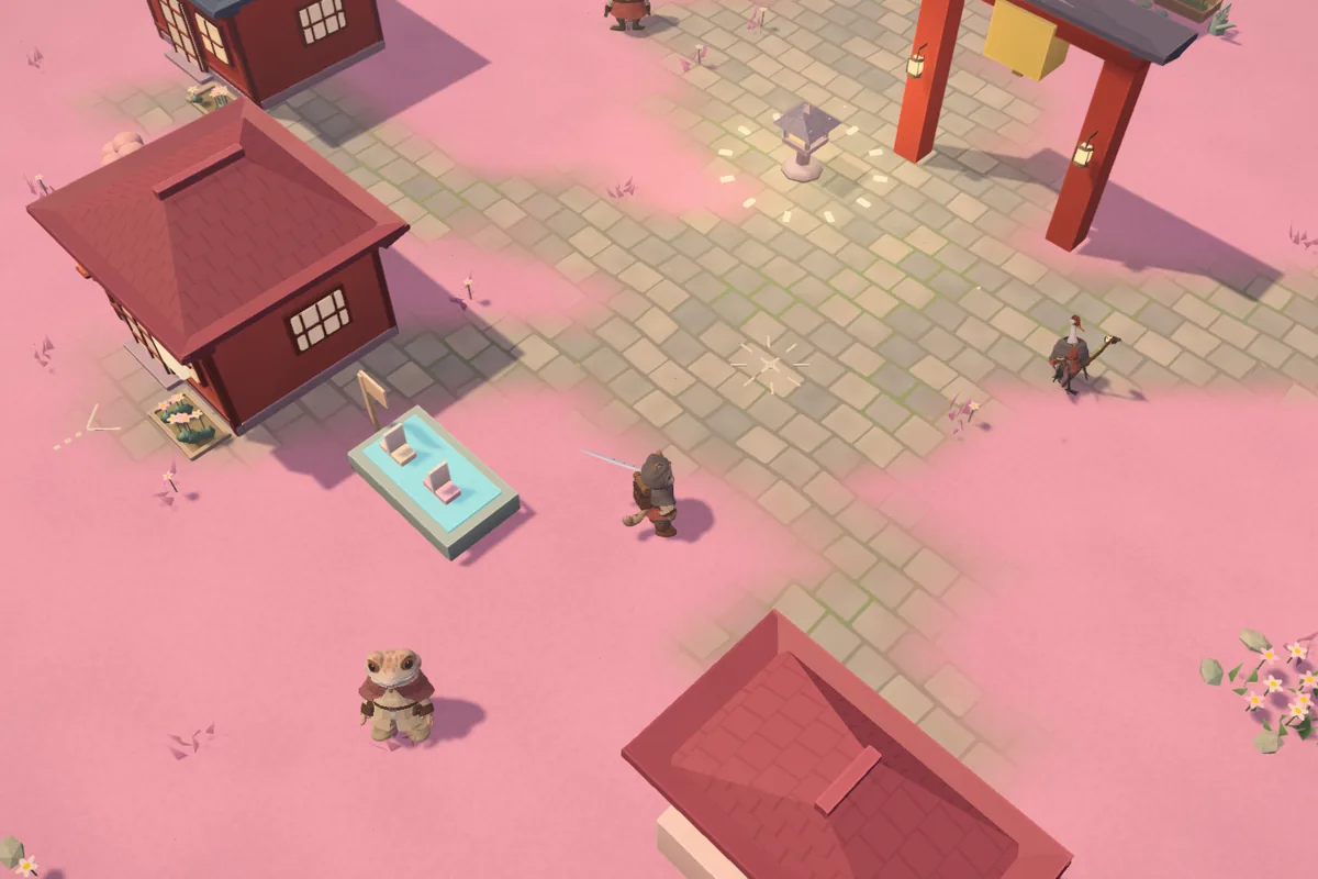 Pink paving and paper lanterns in the village of Sunmere